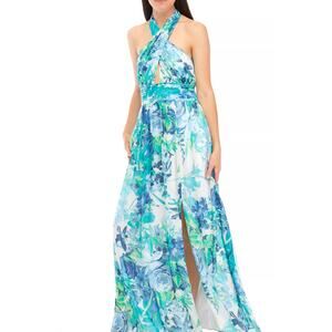 Eliza J Women's Floral Chiffon Cut Out Evening Gown Blue Size 12 Maxi Dress